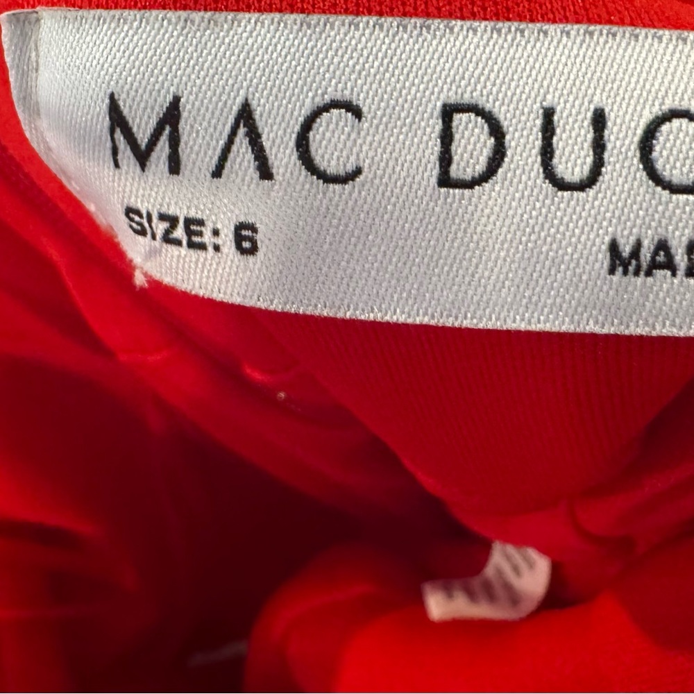 Mac Duggal Red V-Neck One-Shoulder Gown with Bow - Picture 9 of 10